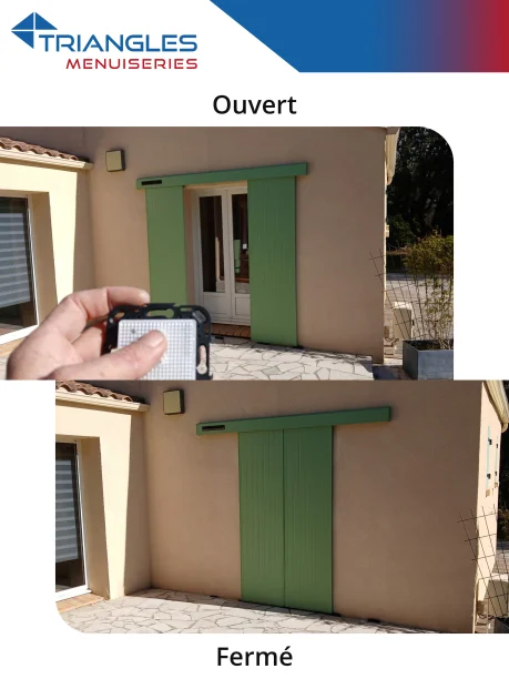 Volet coulissant vert en aluminium avec motorisation solaire à Villeneuve-lès-Avignon ouvert / fermé