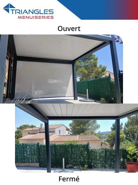 Pergola bioclimatique aluminium avec store vertical ZIP et éclairage LED Art Home Alu Les Angles ouvert / fermé