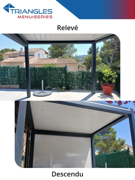 Pergola bioclimatique aluminium avec store vertical ZIP et éclairage LED Art Home Alu Les Angles relevé / descendu