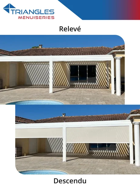 Pergola bioclimatique blanche aluminium Art Home Alu avec LED et stores Rochefort-du-Gard relevé descendu